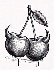 cherry with devil horns drawn design for t-shirt graphics, banner, fashion prints, slogan tees, stickers, flyer, posters and other creative uses