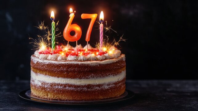 A beautifully decorated birthday cake with candles celebrating a 67th birthday, exuding joy and warmth.