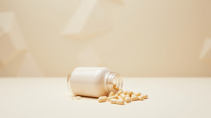 Magnesium Glycinate supplement with opened bottle and spilled capsules on a blurred background.
