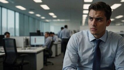 Obraz premium Pensive businessman working in modern office with colleagues in background