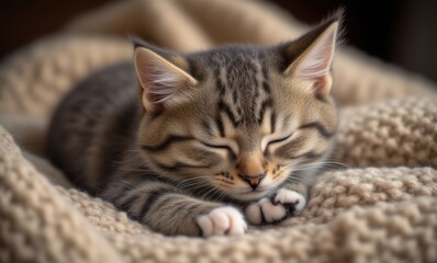Sleeping tabby kitten on a cozy blanket