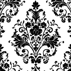 Obraz premium Elegant black floral damask pattern on a white background, perfect for interiors and textiles.