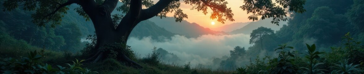 Obraz premium Dark forest with overgrown foliage and twisted tree branches overlaying a misty landscape at dawn, mist, scenery, overgrowth