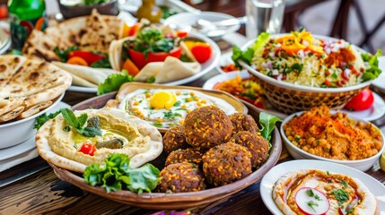 Obraz premium Assorted Middle Eastern Dishes with Falafel, Hummus, and Fresh Vegetables