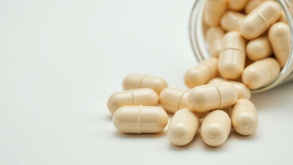 Magnesium Glycinate dietary supplement capsules in a clear glass bottle with white label on a light grey background.