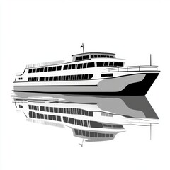 Fototapeta premium Stylized black and white illustration of a large ferry boat with a smooth water reflection.