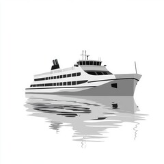 A sleek, modern cruise ship gliding over calm waters, reflected beautifully in a minimalistic style.