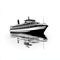 Stylish black and white illustration of a large ship reflecting on calm water, evoking a sense of tranquility.