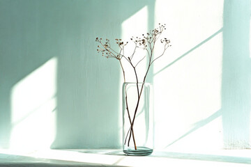 Minimalist Arrangement of Dried Branches in a Clear Vase Against a Soft Blue Wall and Light Shadows in a Bright Space