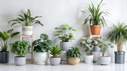 Collection of houseplants in decorative pots against white wall