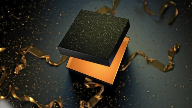 A black present box with a gold bow unravels in slow motion, surrounded by glowing gold glitter. Elegant and festive scene for special celebrations.