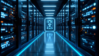 Fototapeta premium Futuristic Server Room, Glowing Data Center Lights