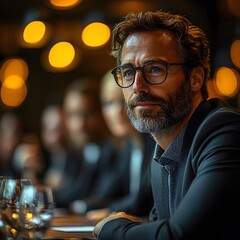 A confident, stylish man with glasses and a well-groomed beard, seated in a warm, elegant restaurant. Blurred background with glowing lights and glasses adds a sophisticated ambiance
