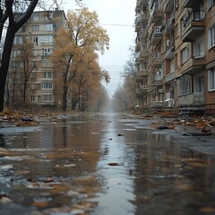 Flooded city: building partially submerged in water, debris and rubble floating on the surface, grey sky and atmospheric lighting