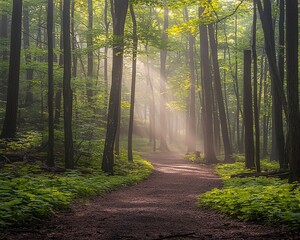 Fototapeta premium Misty forest path at sunrise, sunbeams illuminating a trail through lush green trees.