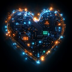 Fototapeta premium Futuristic glowing heart-shaped circuit board in vibrant blue and orange lights. Represents technology, innovation, and connectivity. Ideal for tech, AI, and digital love themes