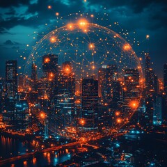 Obraz premium A glowing digital globe with interconnected lines, floating above a futuristic cityscape at night. Vibrant neon lights and bokeh create a high-tech, global communication concept