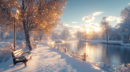 Snowy winter sunrise over calm river, park bench, and snow-covered trees.