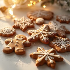 Warm Golden Light, Delicious Christmas Gingerbread Cookies with Crystallized Sugar, Cinnamon, Nutmeg & Ginger. Festive Snowflake & Gingerbread Man Designs. Perfect for Holiday Baking & Decorations