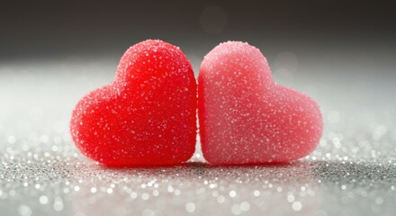 Fototapeta premium Two red heart shaped gummy candy on a white glittery table for valentine's day romantic concept Copy space