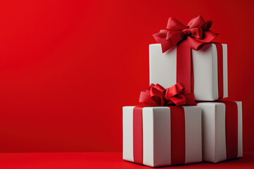 Obraz premium White gift boxes decorated with vibrant red bows on the bright background with space for text or design