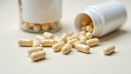 Magnesium Glycinate capsules and bottle on surface.