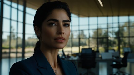 Happy young Hispanic professional business woman using tab standing in office. Happy businesswoman manager female executive leader holding tab at work looking away dreaming of future successful career