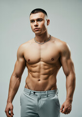 Fototapeta premium Fitness model showcases impressive physique in a studio setting with minimal background