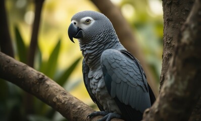 Gray parrot perched on a branch.
