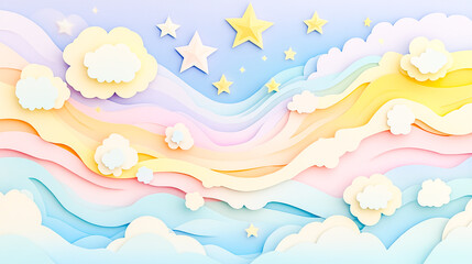 Whimsical Kawaii Fantasy A Pastel Colorful Sky with Dreamy Clouds and Sparkling Stars