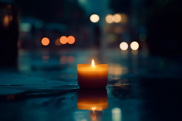 A single lit candle in a dark setting, symbolizing reflection, memory and hope