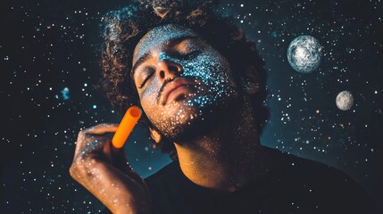 Man with cosmic face paint, holding a tube, against a starry night sky background.