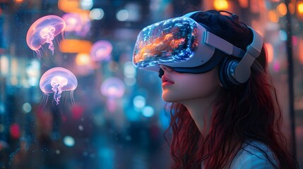 Naklejka premium Young woman wearing a VR headset explores a glowing jellyfish-filled digital ocean amidst a surreal underwater cityscape, evoking wonder and innovation—ideal for VR tech or virtual reality campaigns.