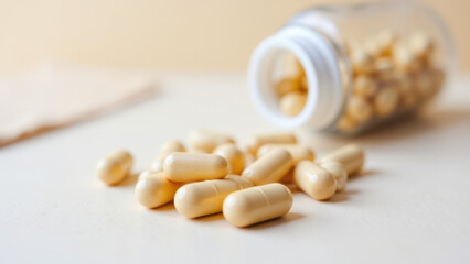 Magnesium Glycinate capsules spilling onto a surface from an open bottle.
