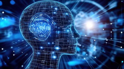 Obraz premium AI, digital human head, glowing brain, network, technology, future, artificial intelligence, innovation, data, connection, global.