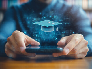 Engaging with digital learning tools while holding a smartphone displaying a graduation cap graphic