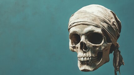 Detailed artistic rendering of a human skull adorned with a tattered cloth resembling a pirate's bandana, set against a muted blue background, capturing themes of adventure and piracy nostalgia