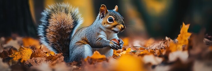 Obraz premium Cute grey squirrel sitting amongst autumn leaves, eating a nut.