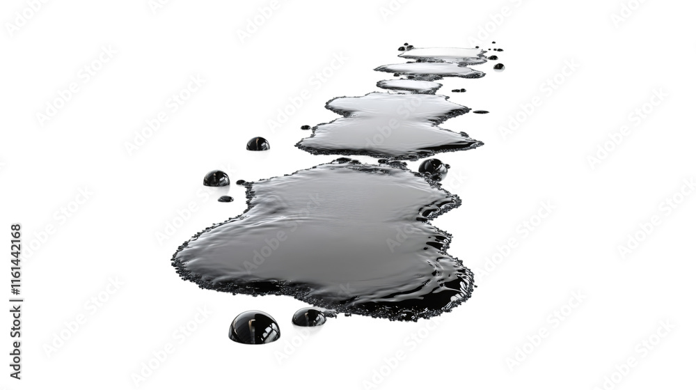 Poster Metallic liquid splashing, forming dynamic mercury-like droplets and pools on transparent surface, showcasing fluid motion and reflective properties