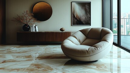 A 3D render illustration mockup of a minimalist beige space with an armchair, a blank wall, a coffee table, and some decor