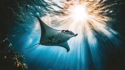 Majestic manta ray gracefully glides through sunlit ocean, coral reef visible below.