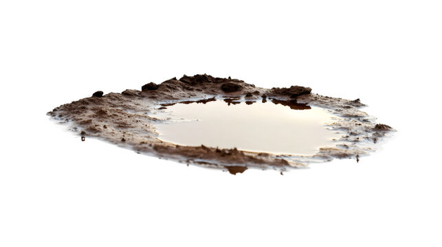 Muddy puddle mirroring cloudy sky, transparent backdrop enabling seamless digital composition