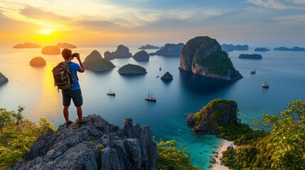 Traveler s Vantage Capturing Island Memories at Sunset from a Scenic Peak, Perfect for Travel Blogs