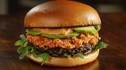 Delicious quinoa burger with avocado and spicy sauce on a brioche bun.