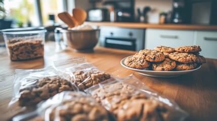 Homemade cookies on kitchen counter, freshly baked and packaged for sharing.