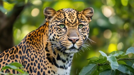 Obraz premium Close-up of a Sri Lankan leopard with striking green eyes in lush foliage.