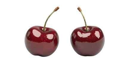 Close-up of two ripe, shiny red cherries with stems, isolated on a transparent background, perfect for food and beverage projects