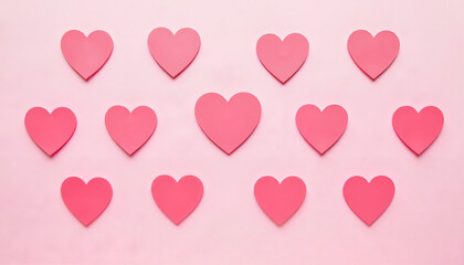 Valentine's Day pink hearts arranged on soft pink background
