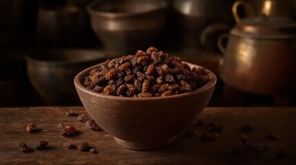 Dark brown raisins in a rustic bowl on a wooden surface with a blurred background of antique copper pots.