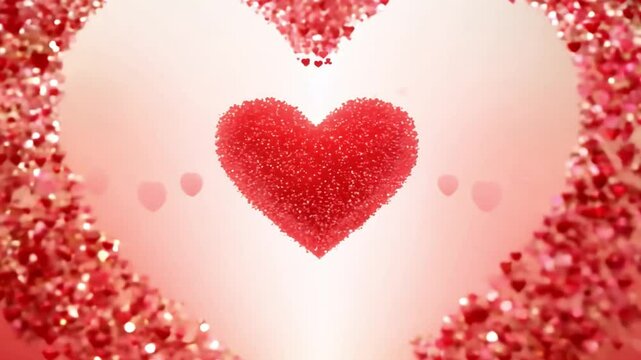Czerwone serca w formie cząsteczek układają się w jedno duże serce, symbolizując miłość i zjednoczenie, idealne na Walentynki.

